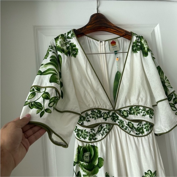 Farm Rio: Off-White Green Floral Cascade Lenzing™ Ecovero™ Euroflax™ Midi Dress - Picture 9 of 11